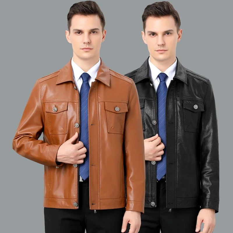 

Осенне-зимняя мужская кожаная куртка среднего возраста с лацканами плюс бархатная мотоциклетная кожаная куртка плюс бархат