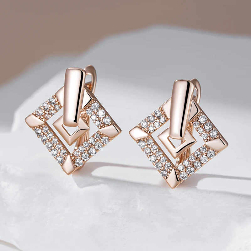 Kinel Hot 585 Rose Gold Color Square English Earrings for Women Fashion Natural Zircon Accessories Daily Fine Vintage Jewelry