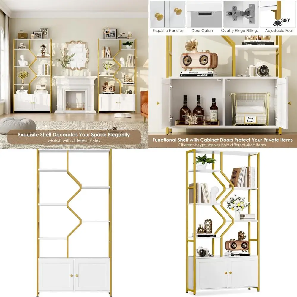 

Высокий золотой книжный шкаф 76 дюймов с отделениями для хранения, многофункциональная витрина, большой органайзер для гостиной, дома, офиса, усиленный.