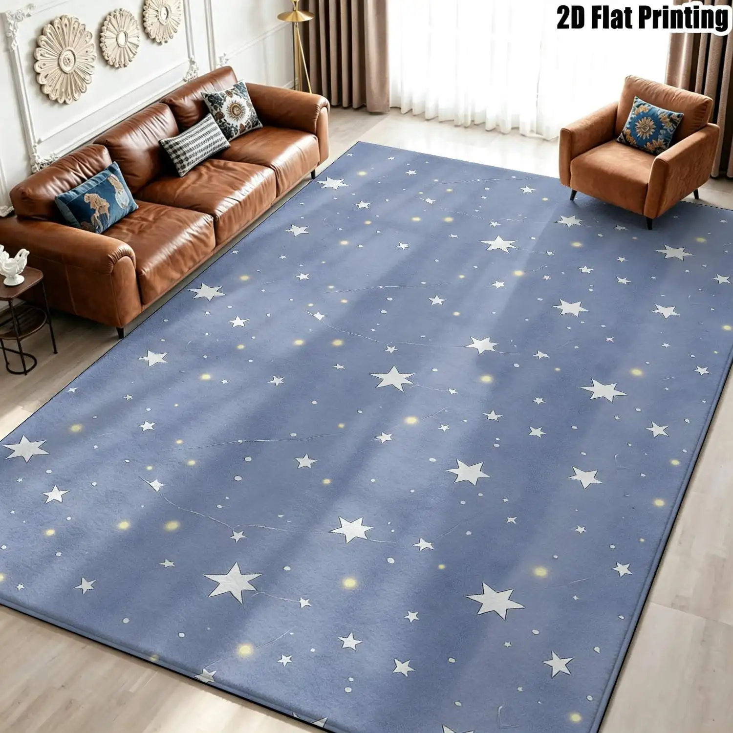 1Pc 2D Printed Blue Star Nordic Carpet, Instagram-Inspired Modern Minimalist Floor Mat, Multi-Size, Machine Washable, Ideal for Entryway, Dining Room, Foyer, Bedroom, Living Room Home Decor