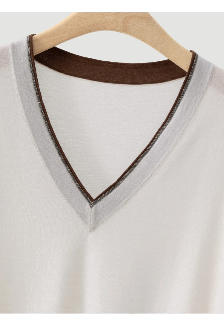 BD3621781 Damen 100% Wolle Oversized V-Ausschnitt Pullover Langarm Kontrastbesatz V-Form Kette Zweifarbig Entspannter Luxus Herbst – Detail 18