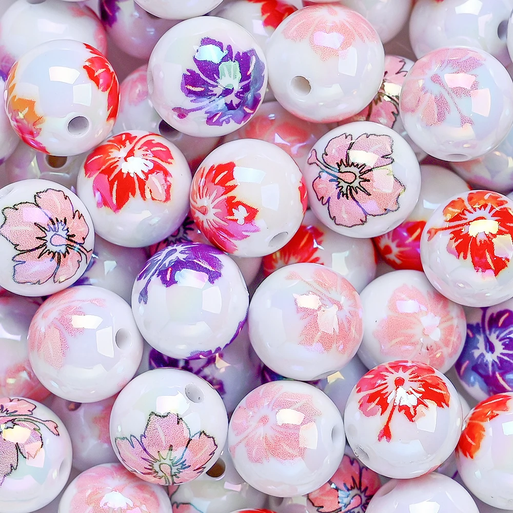 10 Stück 16mm Aurora UV-beschichtete Acryl-Blumenperlen, bunte Blumenmuster-Abstandsperlen für DIY-Bastelarbeiten und Schmuckherstellung – Detail 1
