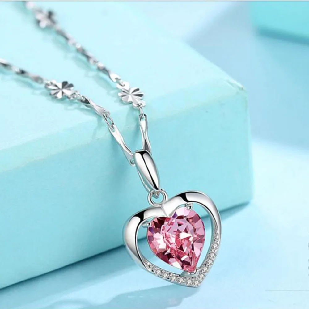 WOSIKATE Korean 925 Sterling Silver Heart Pendant Necklace For Women Fashion Jewellery Amethyst Sapphire Zirconia Chain Necklace