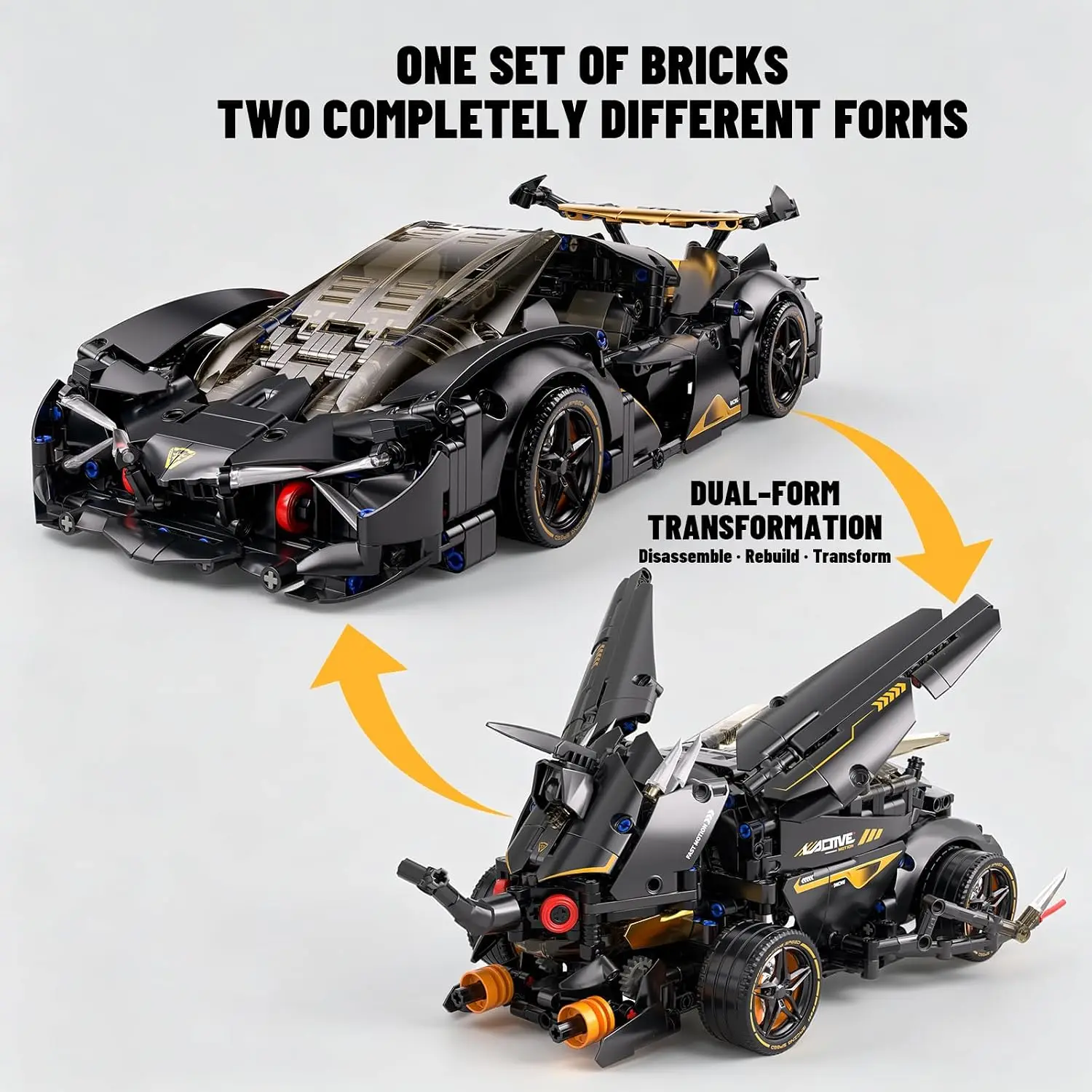 2-in-1 Black Gold Supercar & Beetle Building Blocks Set Mechanical DIY Model for Kids Adult 6+ Car Hobbyist Desktop Holiday Gift