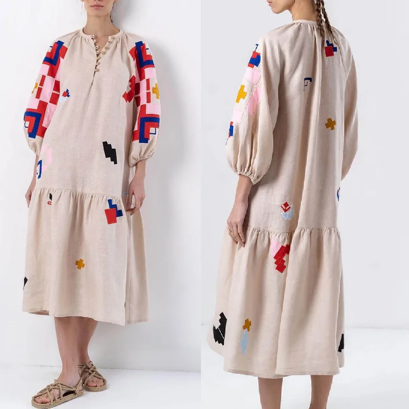 

2026 New Autumn Winter Loose Personality Print Casual Lantern Sleeve Dress For Women Evening Dresses Vestidos Beach Bandage