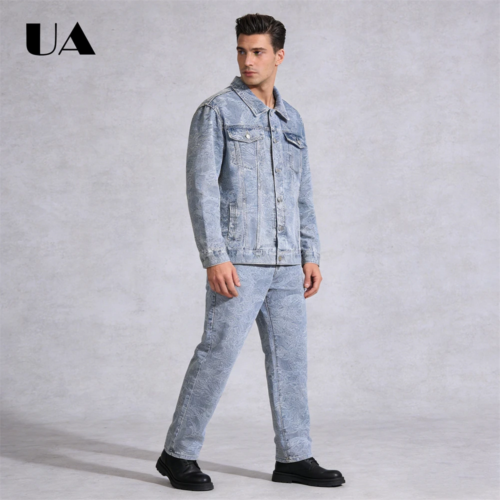 Men's Denim 2-Piece Set: Washed Blue Jacket & Pants Classic Button-Front Coat & Straight-Leg Jeans – Casual Daily Streetwear,