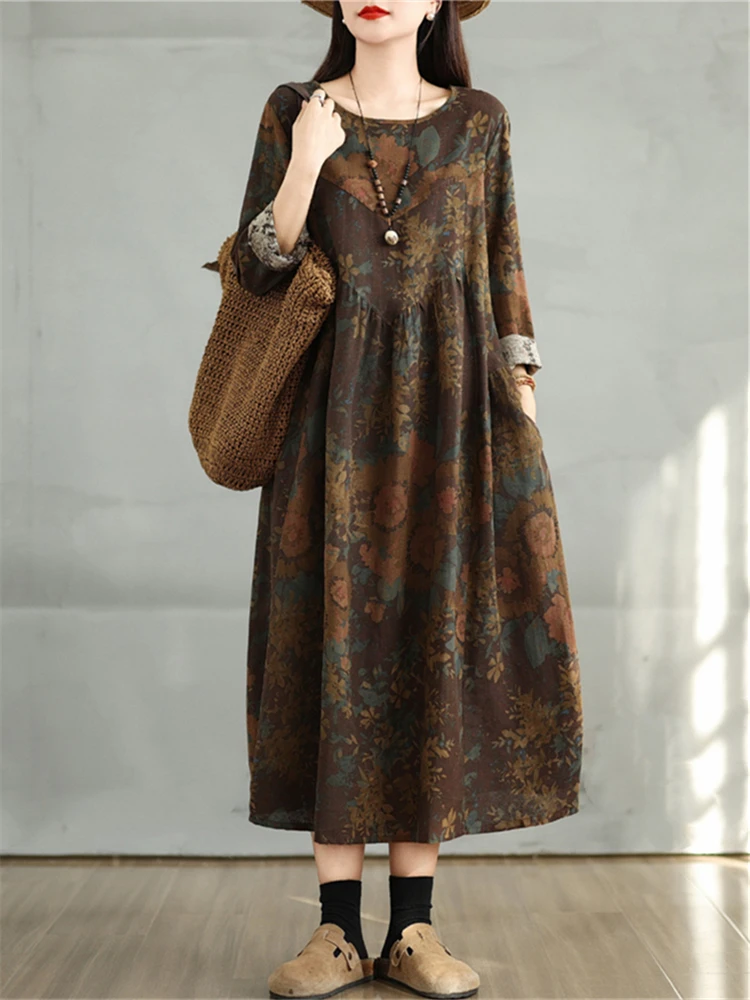 Spring Autumn Cotton Vintage Print Dresses 2024 Women Casual Loose Long Sleeve Dress Femme Robe Vestidos Elegant Fashion Clothes