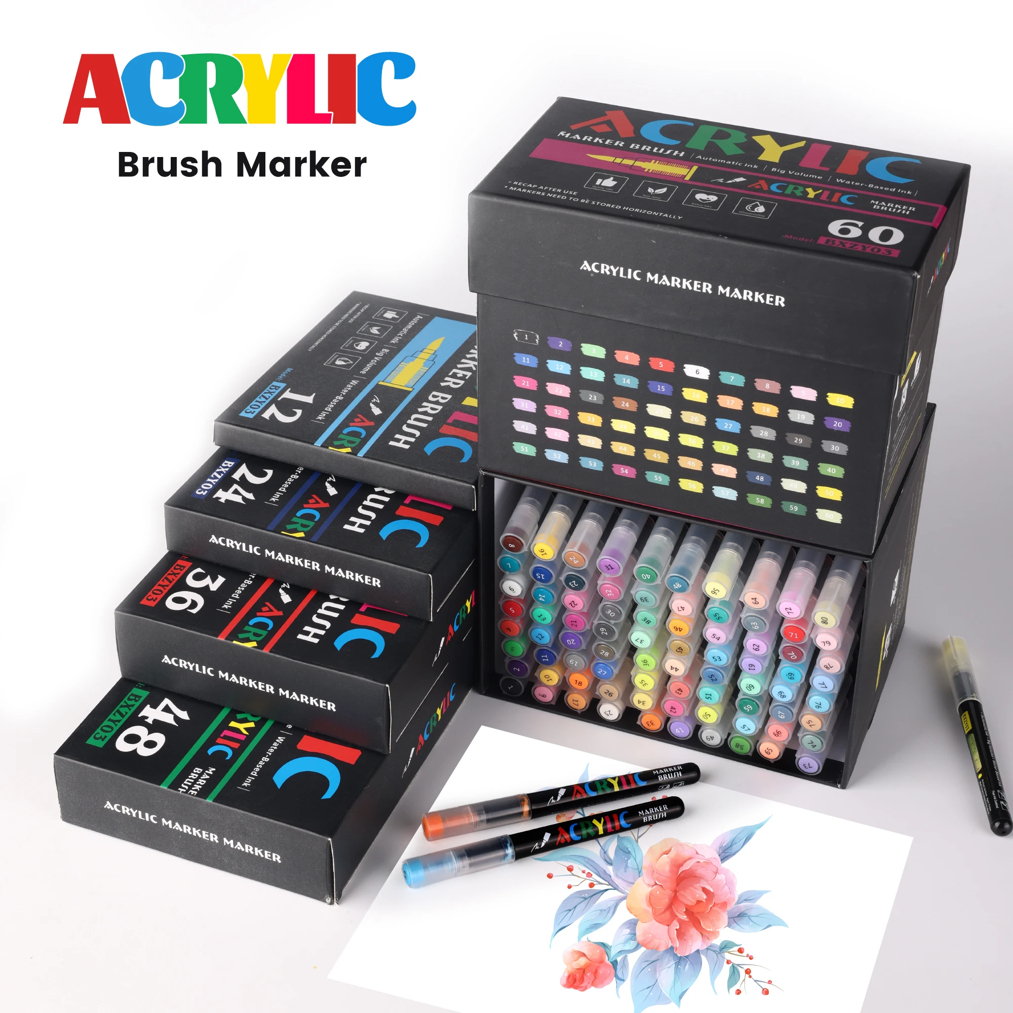 80/60/48/36/24/12 Colors Acrylic Marker Pens Set,DIY Hand Drawn,Acrylic Brush Pens,Student Graffiti Paint Drawing Pen Stationery