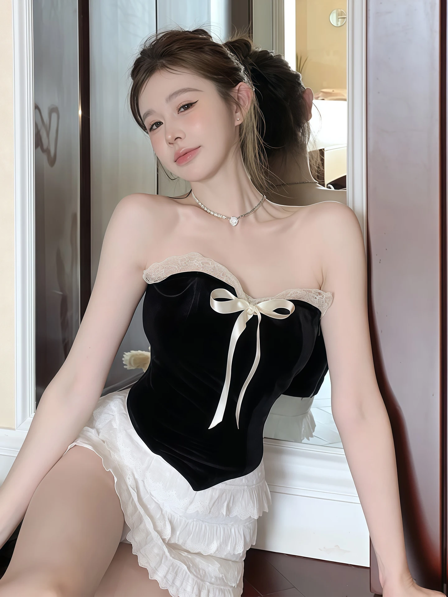 

Pure Desire Sexy Lace Tie Velvet Crop Top Women Summer New Slimming ort Beautiful Top Lady Commute Sle Slim Fit Long Sve