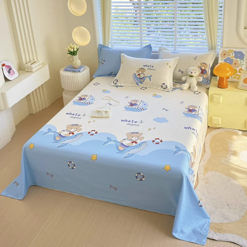 3pcs Cartoon Dolphin Sea Theme Bed Sheet Set 100% Cotton Boys Girls Bedroom Dormitory Letter Bedspread Bear Animal Print Bedding