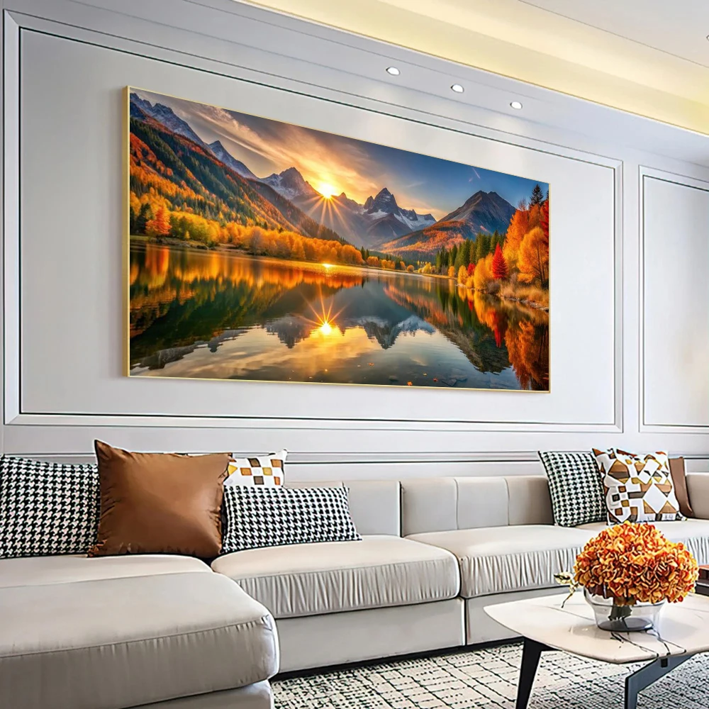 Serene Autumn Sunset Over a Mountain Lake, Reflecting Vibrant Fall Foliage and Majestic Peaks, Canvas Print Landscape Posters, M