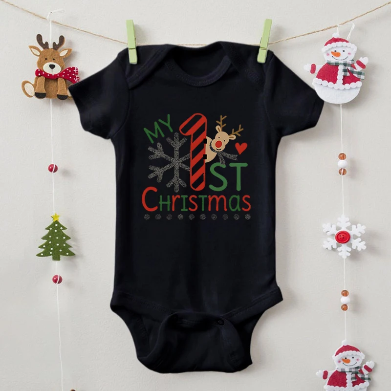 Funny Elk Snowflake Design Baby Girl Boy Bodysuits My 1st Christmas Print Fashion Newborn Outfits Short Sleeve Cotton Jumpsuits