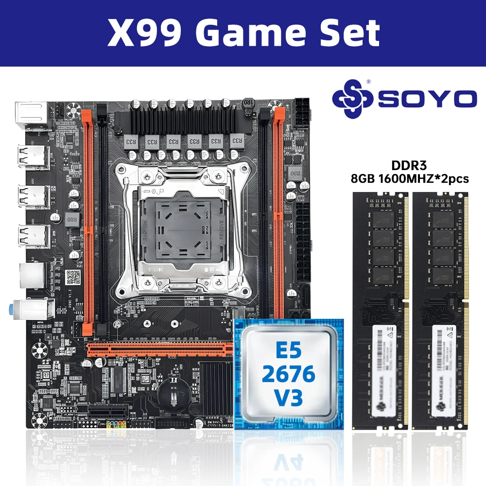 SOYO X99 Gaming-Motherboard-Kit mit Intel E5 2676 V3 CPU & 8GB(1*8GB) DDR3 1600MHz Dual-Channel-RAM für Bürocomputer