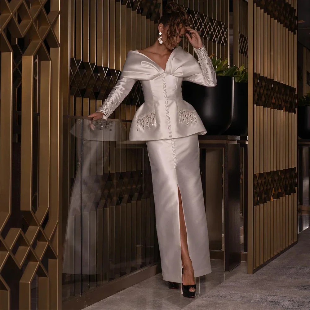 

Изысканные платья для выпускного вечера с кристаллами и v-образным вырезом, длинными рукавами и пуговицами, вечерние платья с разрезом спереди, длиной до пола, прямые вечерние платья