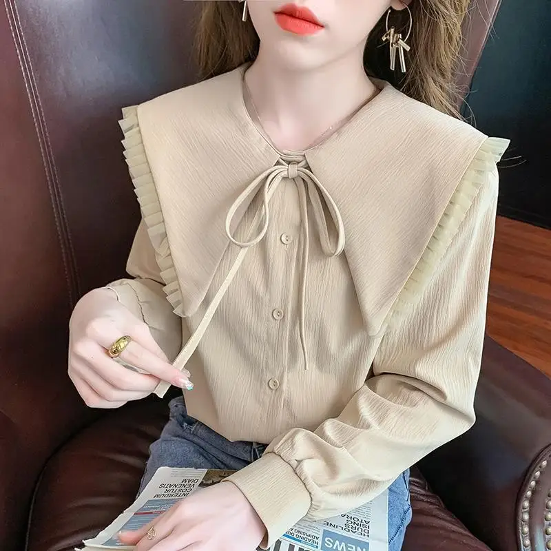 Spring And Autumn Doll Collar Simplicity Refreshing Long Sleeve Shirt Fashion Lacing Bow Single-breasted Sweet Cute Shirt Tops