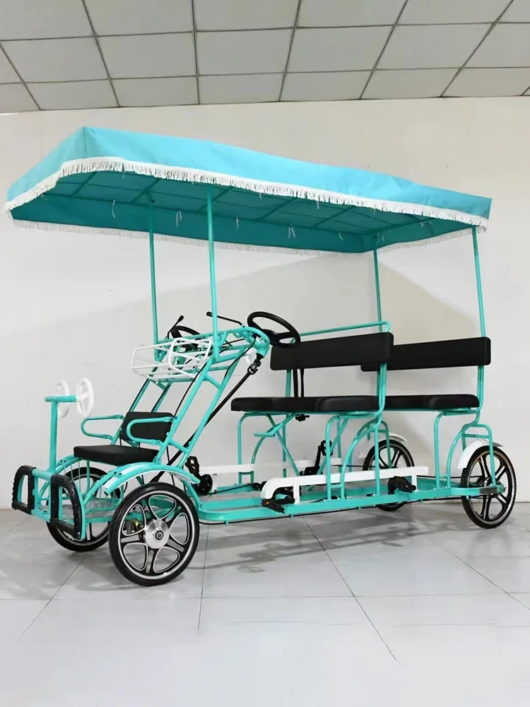 Four-Wheel Heightened Canopy Double Bicycle Multi-Riding Handbrake Pedal Integrated Wheel Travel Sightseeing