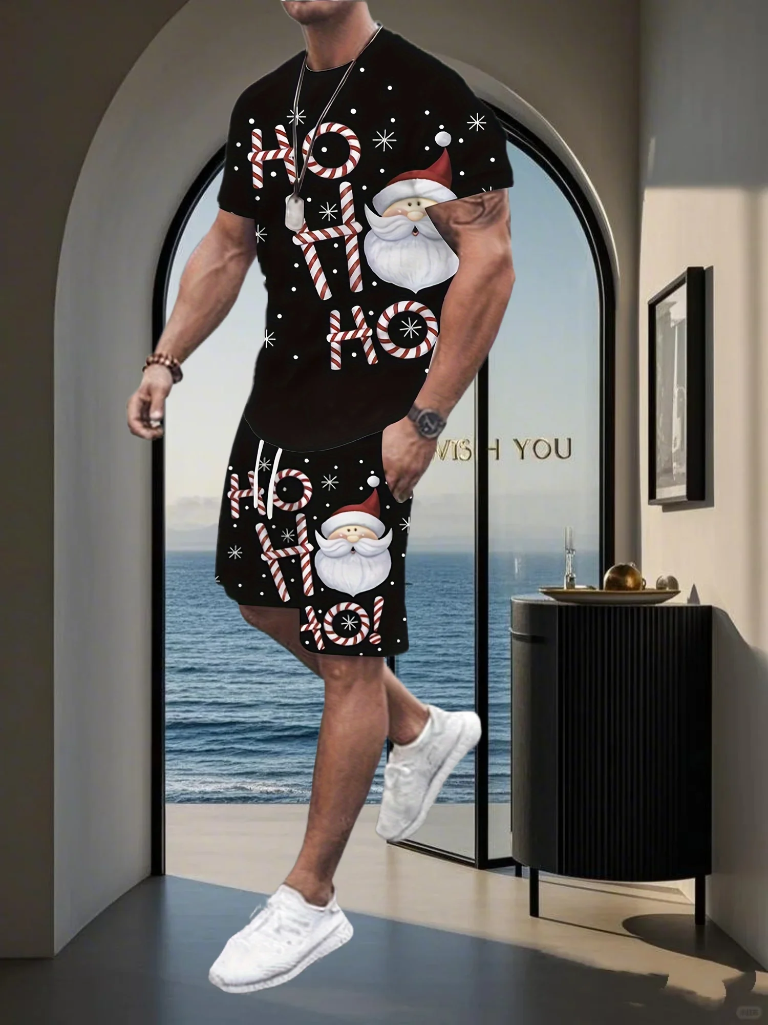 

25/26 Summer Men's Set Casual Fashion Trendy Men's Santa Claus Printed Pattern Sweat Wicking Quick Drying Breathable Summer Men
