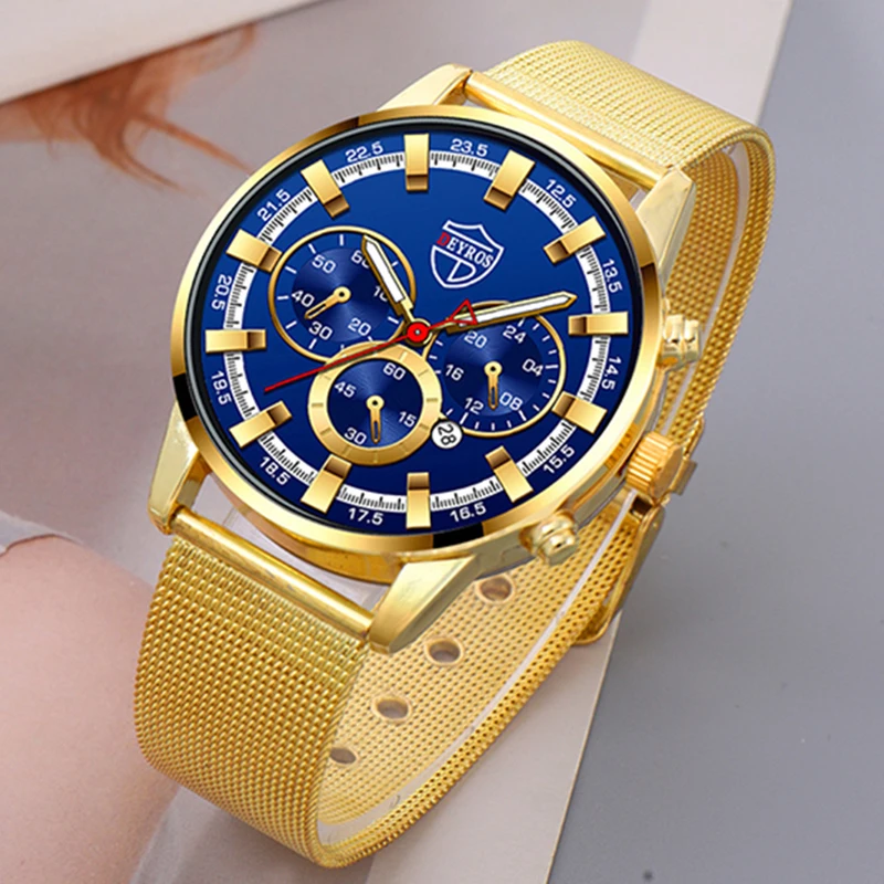 2PCS Set Fashion Mens Calendar Watches Luxury Men Business Gold Stainless Steel Mesh Belt Quartz Watch Male Necklace Wristwatch