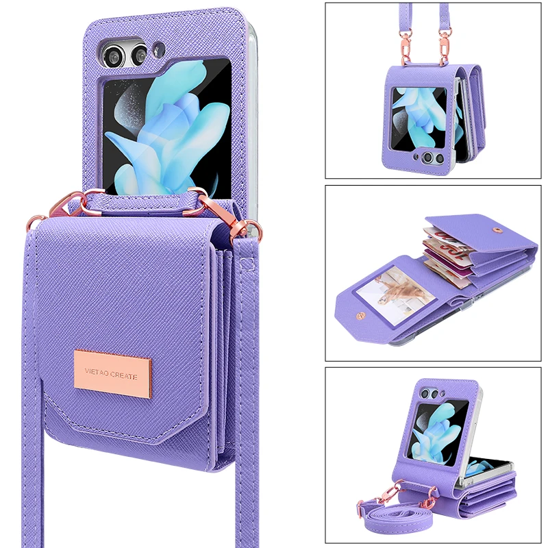 Vietao Crossbody Lanyard Mobile Phone Cases With Card Slots Wallet For Samsung Galaxy Z Flip 7 Flip 6 Z Flip5 Z Flip 4 3