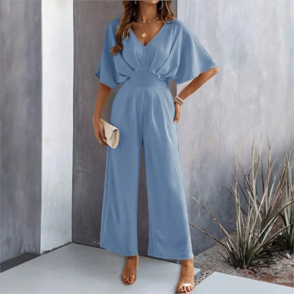 

CPSYMYM Spring Summer Women's Short Sleeved Solid Color Romper Fashion High Waisted Wide Leg Pants Elegant Female Office Romper