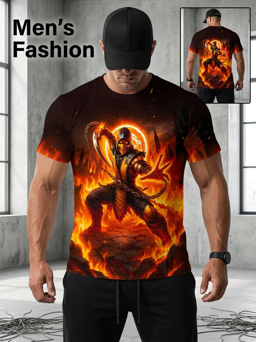 Men's 3D Print Scorpion Ninja Warrior T-Shirt, Flame Combat Art, Quick Dry Breathable Streetwear for Summer Casual Wear
