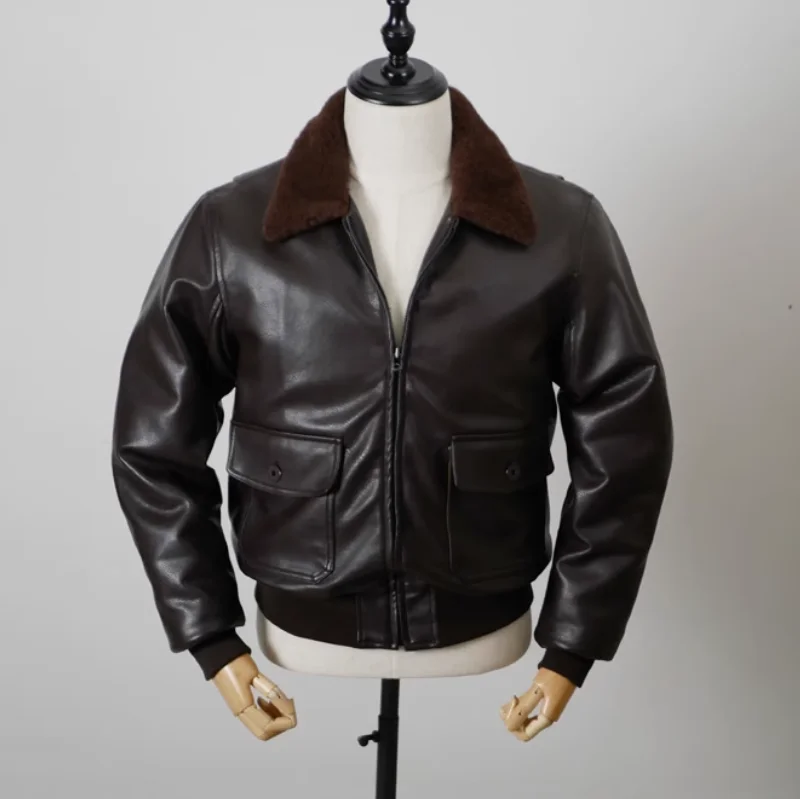 US Navy Pilot Leather Jacket G1 Fur Collar Short Thick Men's Coffee Synthetic Leather