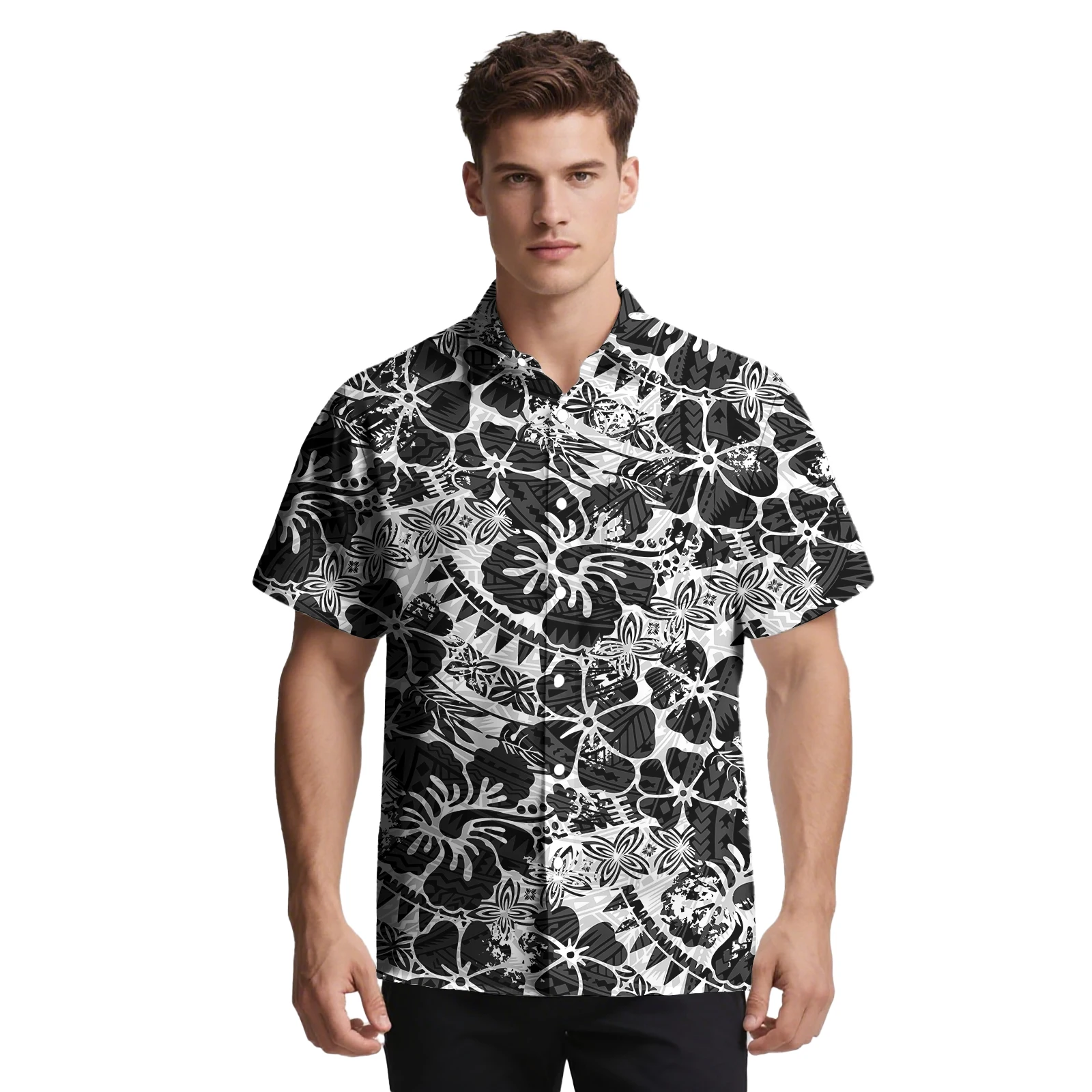 ساموا القبلية تصميم شعار مخصص الرجال الملابس هاواي شاطئ قميص الرجال وسيم زر أعلى البولينيزية العرقية نمط الرجال ألوها قميص #2