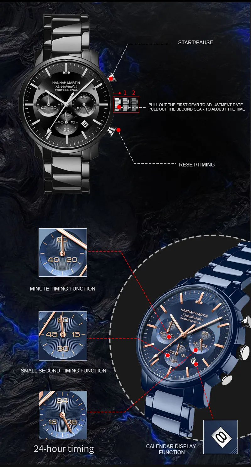 2024 neue multifunktionale Uhr Hannah Martin Marke 46 mm Blau Silber Edelstahl Freizeit Quarz Timing Uhr Kostenloser Versand – Detail 2