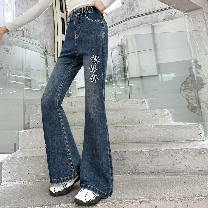 جينز بناتي أمريكي عالي الشارع مع زهرة للأطفال الصغار لربيع الخريف بتصميم عتيق y2k سروال دينم بقصة ضيقة