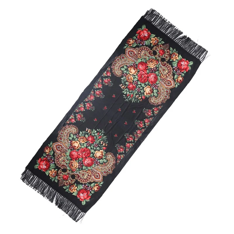 190x65cm Ethnic Women Scarf Long Floral Print Ukrainian Embroidery Hijab Head Wrap Winter Warm Shawl Fringe bandana