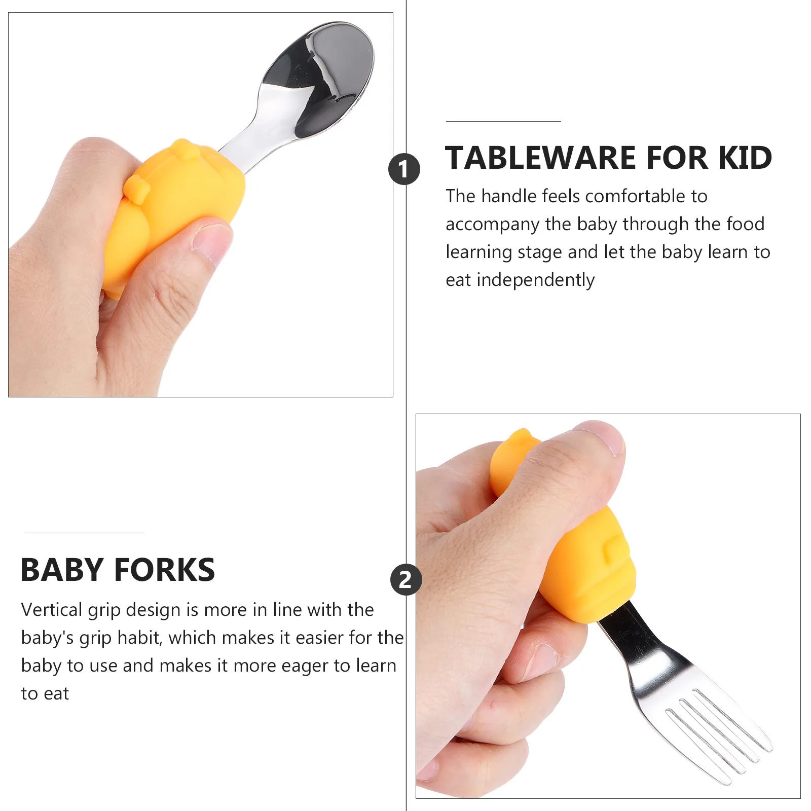 1Set Silicone Baby Fork Spoon Set Stainless Steel Toddler Tableware Cartoon Hippo Non Slip Handle High Temperature Resistant