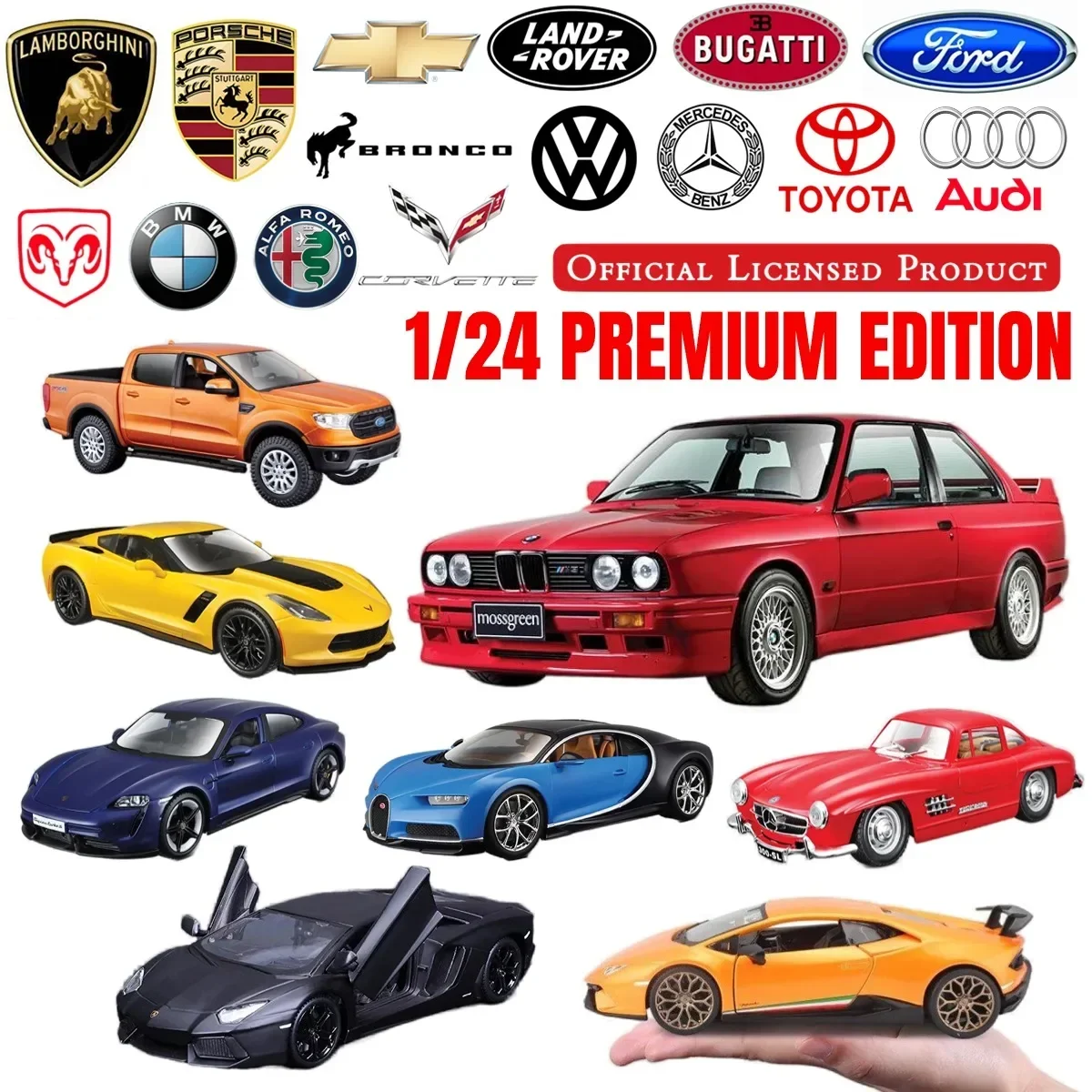 1:24 Diecast Miniature Art Car Model, Authentic Lamborghini Bugatti Toyota Honda VW Audi Porsche Collection Gift Kid Boy Toy