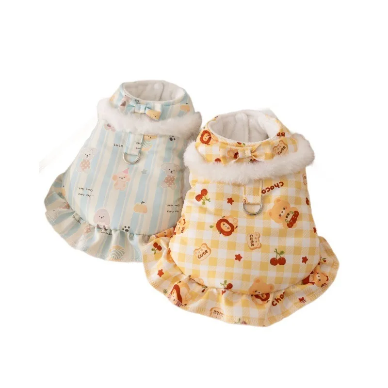

Warm Dog Vest Two Leg Cotton Padded Dress With D Ring Leash Harness For Small Dog Bichon Poodle Teddy Fleece Lined Allover Print