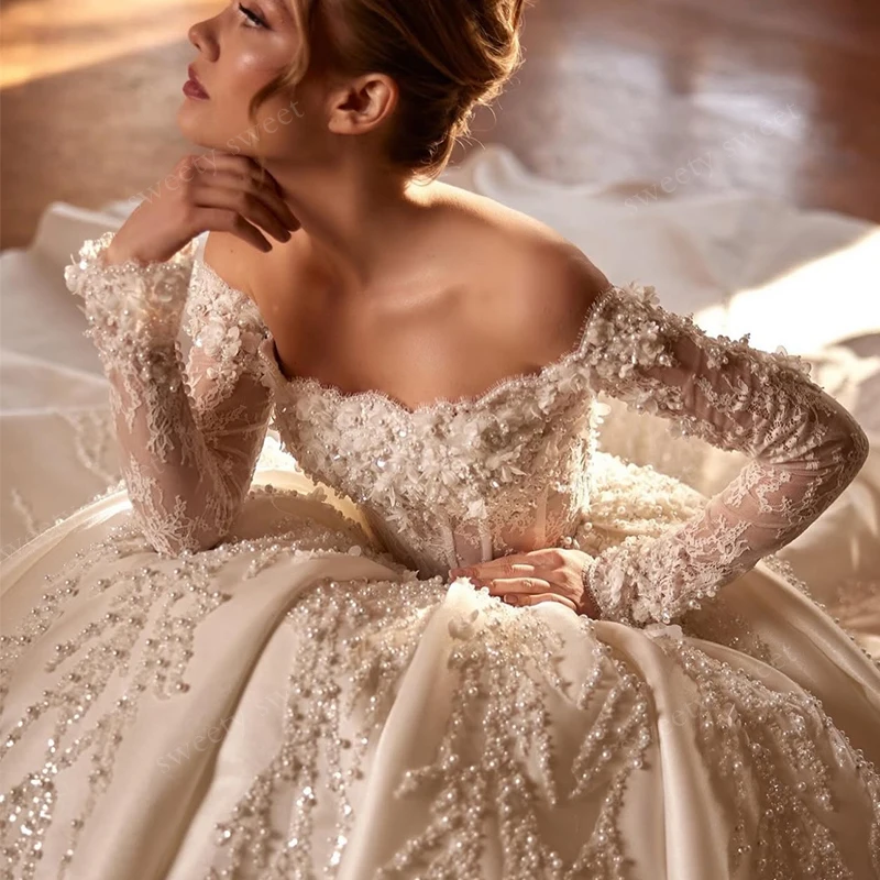 Elegantes Hochzeitskleid aus Taft mit Perlenstickerei, Satin-Ballkleid, U-Boot-Ausschnitt, volle Ärmel, Brautkleid, maßgeschneidert, Vestido De Novia, Spitzenrobe