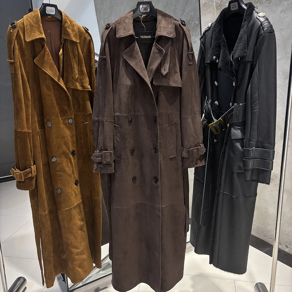 YOLOAgain Double Breasted Suede Jacket Coat Women Real Leather Trench Coat