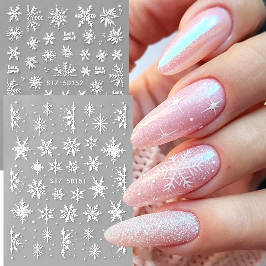 2pcs 5D Embossed Snowflakes Nail Art Stickers Elegant White Snowflakes Nail Art Decals Winter New Year Nail Art Decoration