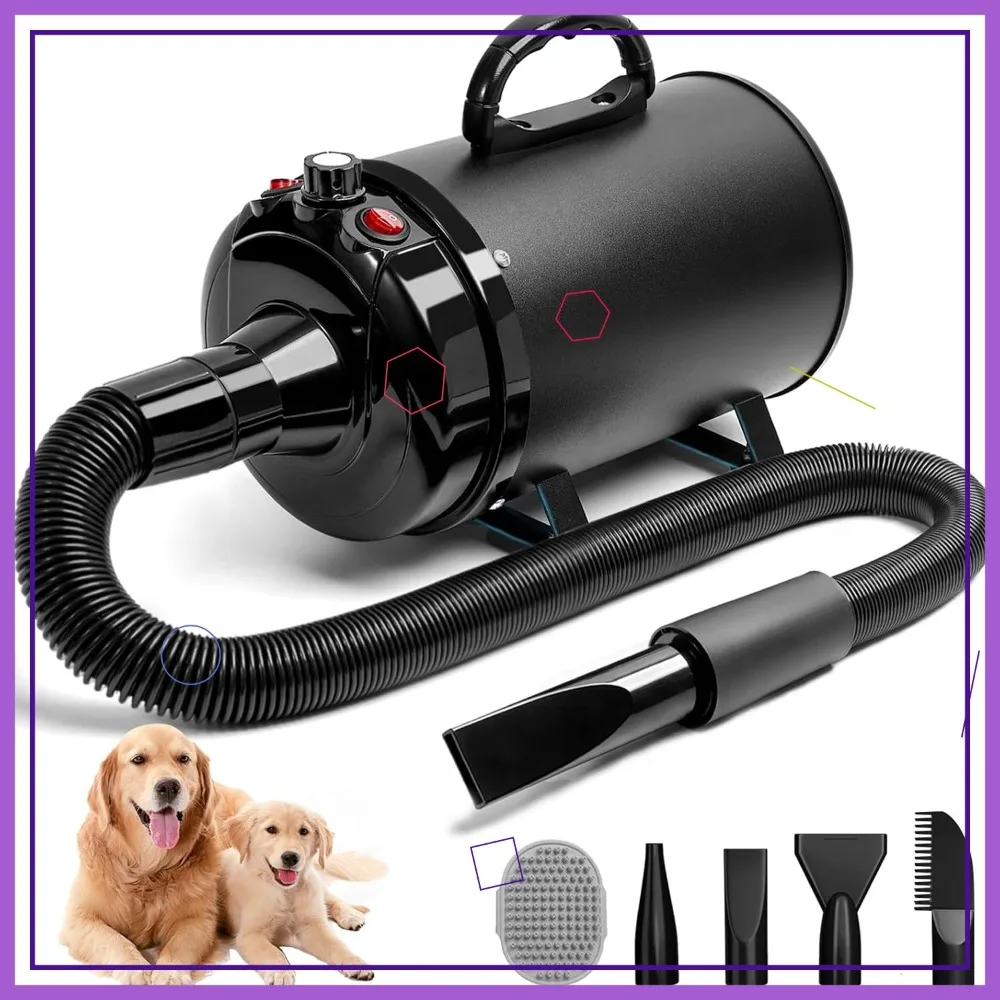 

5.2HP 3800W Professional Dog Hair Dryer, Adjustable Speed & Temp, 4 Nozzles & Comb, Quiet & Fast Drying