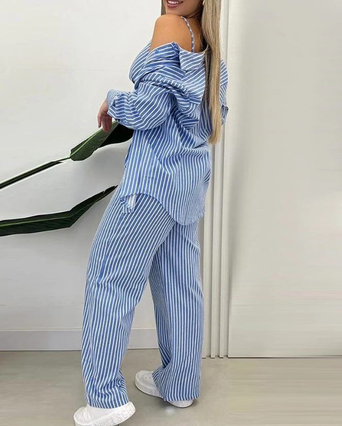 Elegant Two Piece Set Women Outfit 2024 Summer Casual Striped Crop Cami Top & Fashion Pocket Design Pants Set with Buttoned Coat