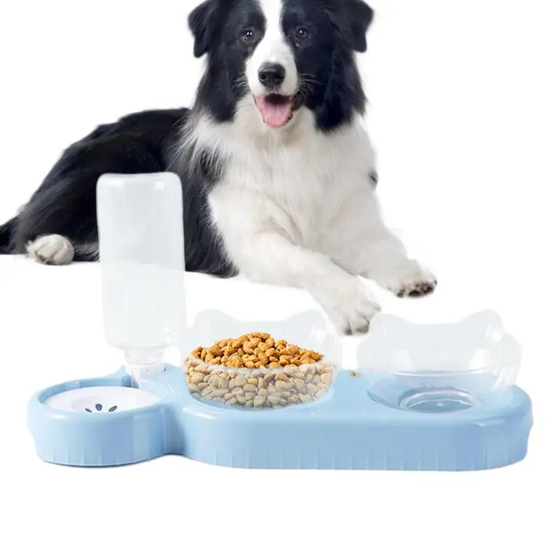 Double Dog Bowl 15Tilted Dog Feeding Dishes With Automatic Water Dispenser Bottle 500ml Water Bottle Pet Feeding Bowl For Cats