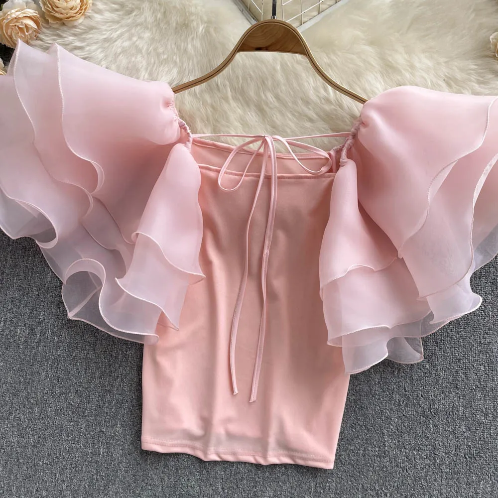 Verão rosa camadas babados chiffon blusas voltar rendas até slash neck pétala manga das mulheres blusas elegante doce senhoras recortadas topos