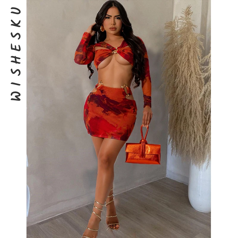 

Two Piece Set Women Tie Dyed Print Outfits Sexy Long Sleeve Cut Out Crop Top+High Waist Hollow Out Mini Skirts 2024 Spring Fall