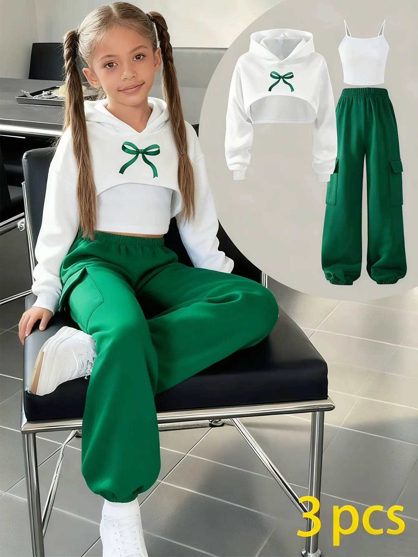 Kids Girls 3-Piece Outfit, Green Bow Crop Hoodie + Spaghetti Strap Cami Top + Pocket Cargo Jogger Pants Set