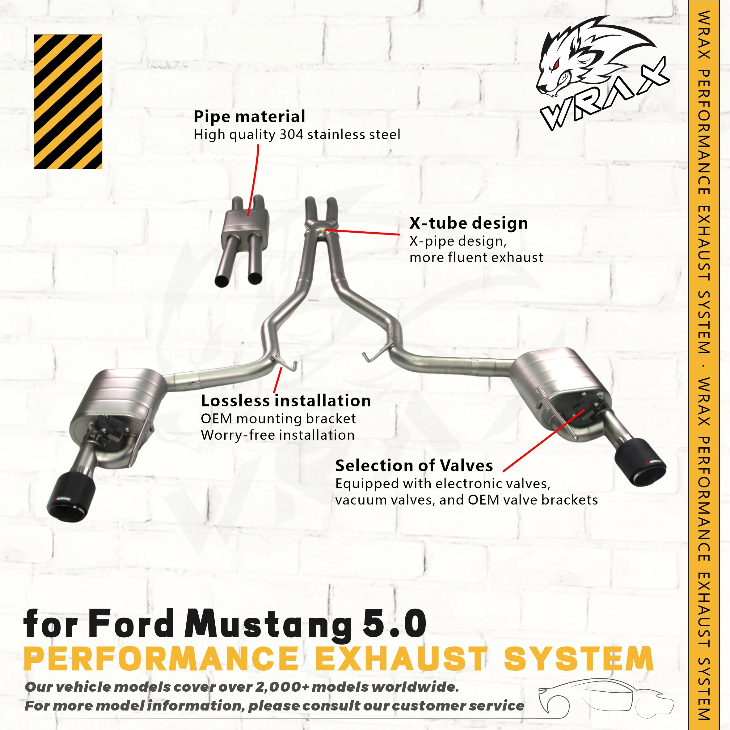 

WRAX Exhaust Catback Suitable for Ford Mustang 5.0,304 stainless steel high performance valve exhaust system with Resonant tube