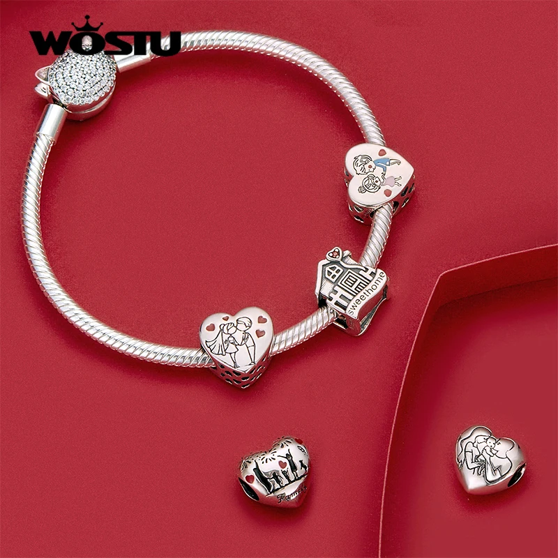 WOSTU Forever Family Charm 925 Sterling Silver Home House Enamel Beads Pendant Fit Original Bracelet DIY Jewelry For Women