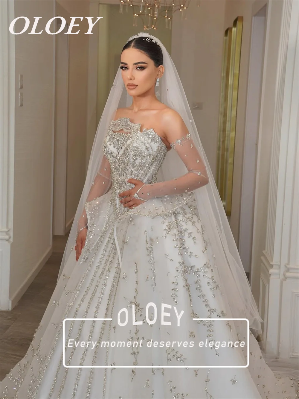 OLOEY Luxury Crystals A-line Princess Wedding Dresses with Sleeves and Veil 2026 Bridal Gown Customized Lace-up Robe De Mariage