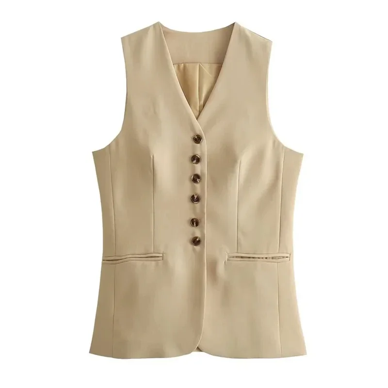 Women 2024 Fashion Summer Vest Skirt Sets Khaki V-Neck Sleeveless Pockets Waistcoats+High Waist Asymmetrical Skirt Suits