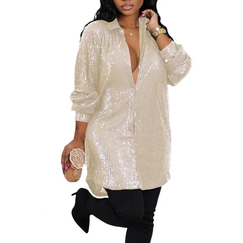 

Women Shirt Dress Shiny Sequin Single-breasted Turn-down Collar Long Sleeve Cardigan Blouse Mini Dress vestidos para mujer