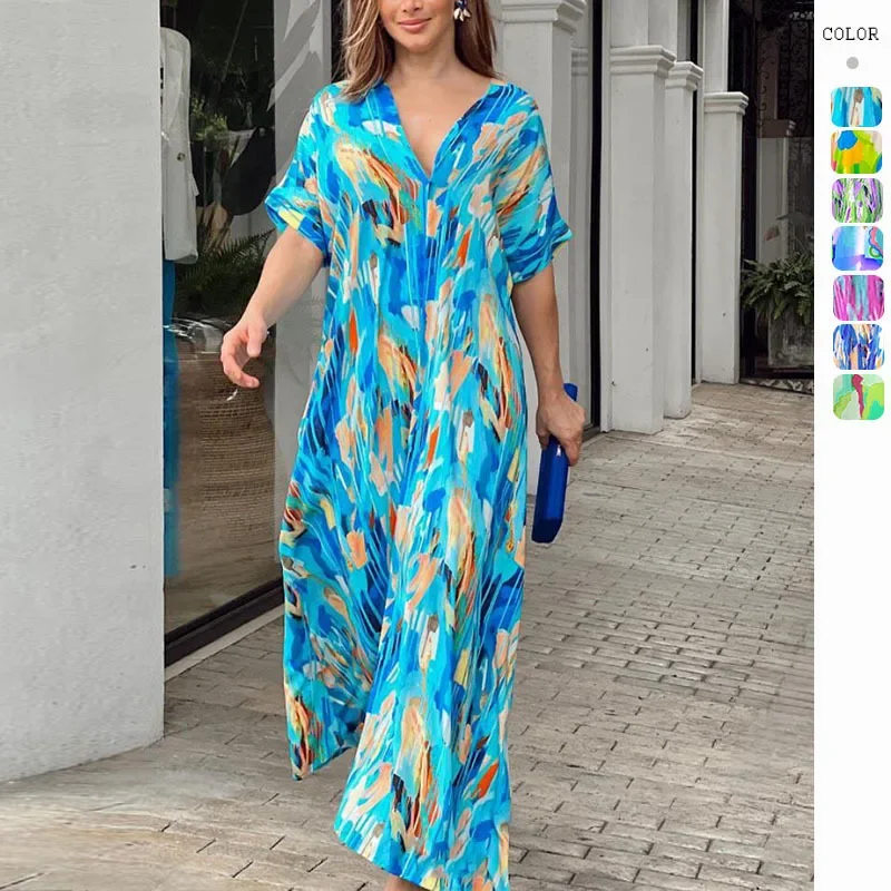 

GZHMR2024 New High Waist Fashion Print Commuting Style Short Sleeve Long Dress Women's Long Dress dress for women