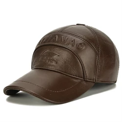 NORTHWOOD Genuine Leather Winter Baseball Cap Men Earflaps Brown Dad Hat Outdoor Keep Warm Adjustable Trucker Caps Gorras Hombre