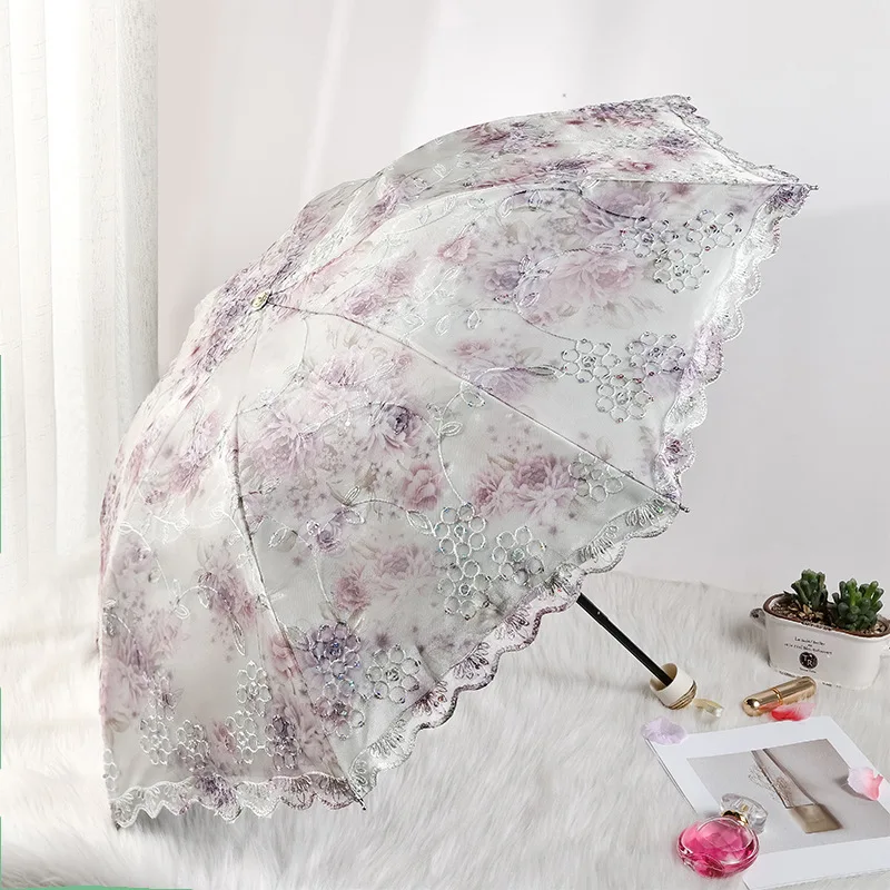 Fashion Vintage Embroidered Lace Folding Princess Umbrella Summer Outdoor Portable UV Protection Sun Umbrella Sunny Umbrella